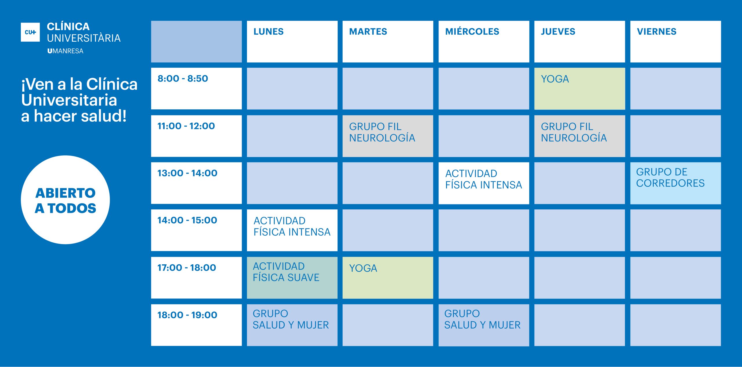 Tabla de horarios Actividades físicas Clínica Universitaria